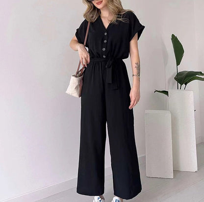 💖 Women's V-Neck Short Sleeve Casual Jumpsuit