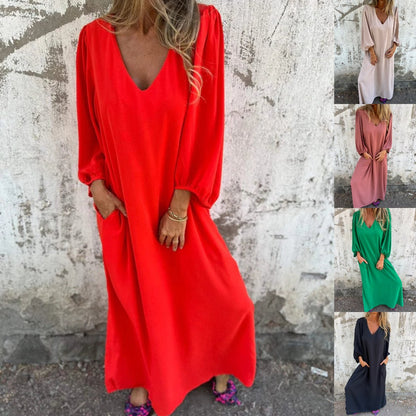 🔥Hot Sale 50% OFF🔥V-neck Solid Color Lantern Sleeve Dress