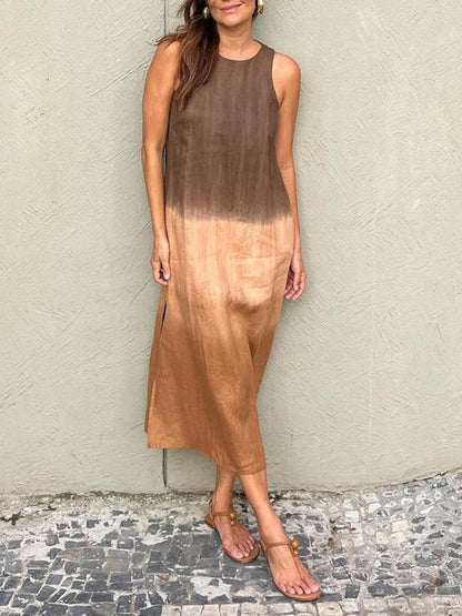 🎁Hot Sale 50% OFF✨Women's casual cotton and linen sleeveless slit gradient tie-dye long dress