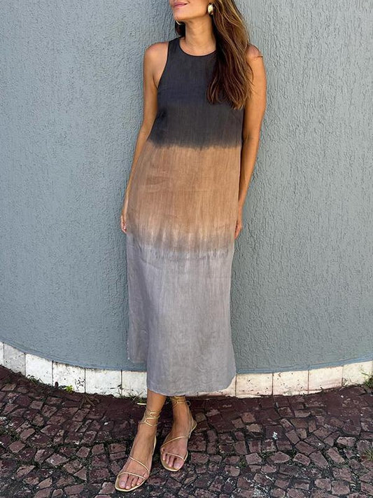 🎁Hot Sale 50% OFF✨Women's casual cotton and linen sleeveless slit gradient tie-dye long dress