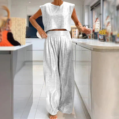 🔥Women's 2 Piece Outfits Shiny Loose Fit Crop Top & Wide Leg Pants with Pockets