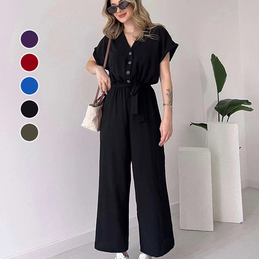 💖 Women's V-Neck Short Sleeve Casual Jumpsuit