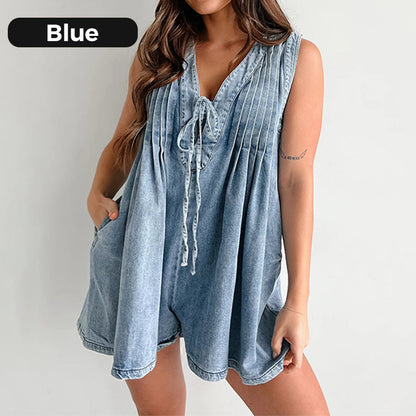 💥Summer Hot Sale-Free Shiping！👗Women’s Casual Pleated Sleeveless V-Neck Denim Romper