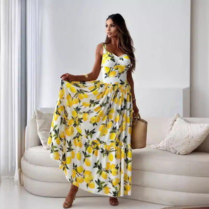 💕50% Off🍋Women’s Elegant Lemon Print Spaghetti Strap Flowy Long Dress