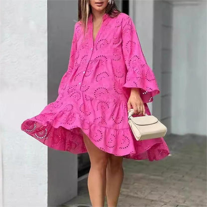 💥Limit Time 50% OFF 🌷Solid Color V-Neck Loose Hollow Out Dress