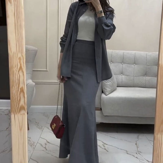 💕 Classy & Comfortable: Gray Loose Shirt & Fishtail Skirt Two-Piece Suit