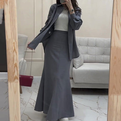 💕 Classy & Comfortable: Gray Loose Shirt & Fishtail Skirt Two-Piece Suit