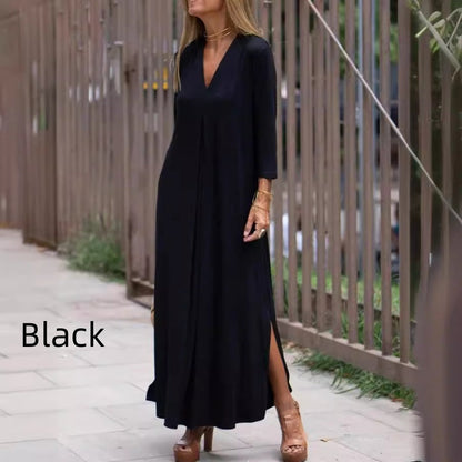 🔥50% OFF💃Solid V-Neck 3/4 Sleeve Dress with Slits