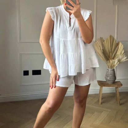 🔥50% OFF💕Women's Cheesecloth Ruffle Shorts & Top Set