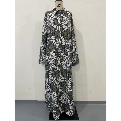 Floral Print Long Sleeve Lapel Buttoned Maxi Dress