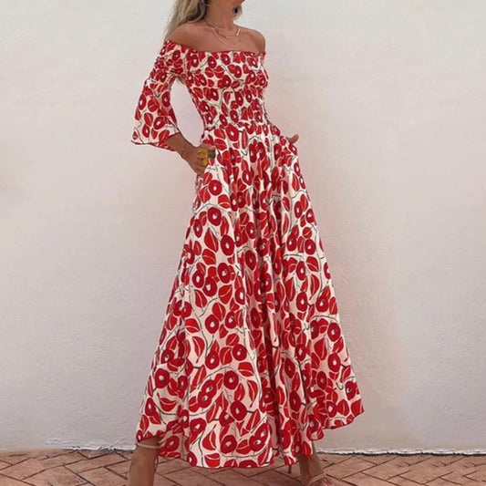 💕50% OFF💃Floral Open Shoulder Flared Sleeves Long Dress