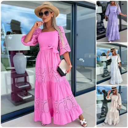 💕Women’s Trendy Patchwork Tie Waist Square Neck Long Dress