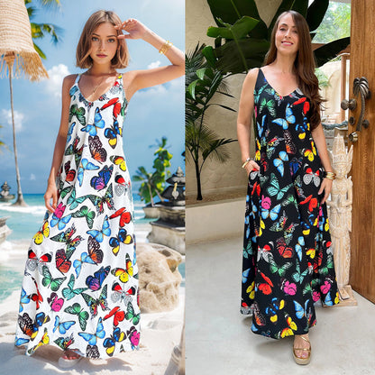 Butterfly Print V-neck Spaghetti Strap Maxi Dress