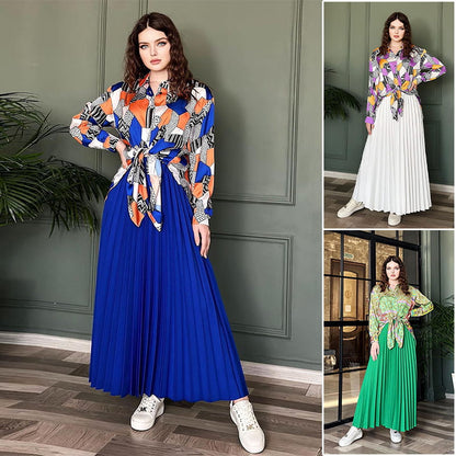 Muslim Style Print Shirt and Pleated Long Skirt Set