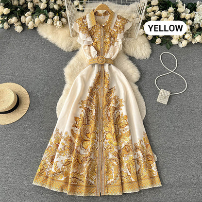 Retro Palace Style Sleeveless Printed Ruffled Dress