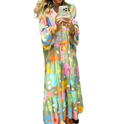 Retro Loose Long-Sleeved Pleated Long Dress