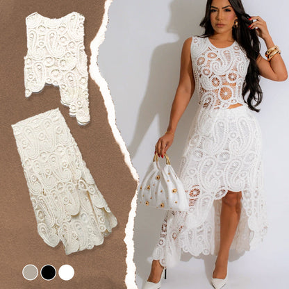 💥Summer Specials 58% OFF✨Women's Lace Hollow Out 2-Piece Set Sleeveless Top & Irregular Skirt